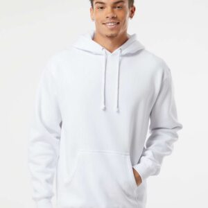 Front view of white Independent Trading Co. IND4000 hoodie