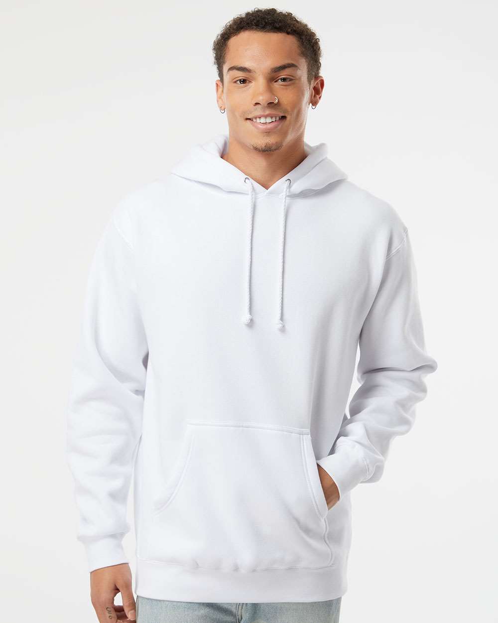 Front view of white Independent Trading Co. IND4000 hoodie